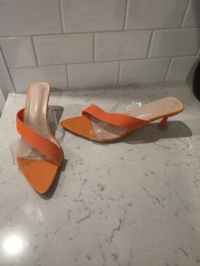 Orange Kitten Heel Slide Sandals with Clear Strap